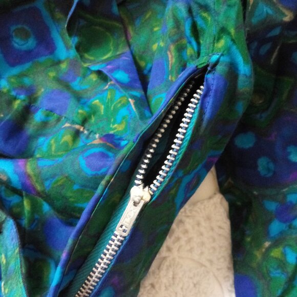 Vtg 50s 60s Midi Dress Fit Flare Blue Green Floral Shawl Collar Belted XS Women - Picture 5 of 7